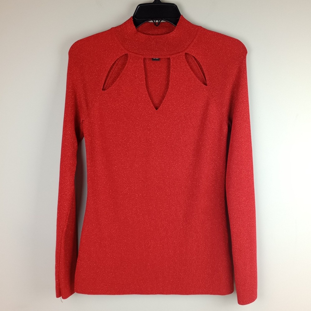 INC Womens M Red Metallic Sparkle Cutout Mock Neck Long Sleeve Party Sweater